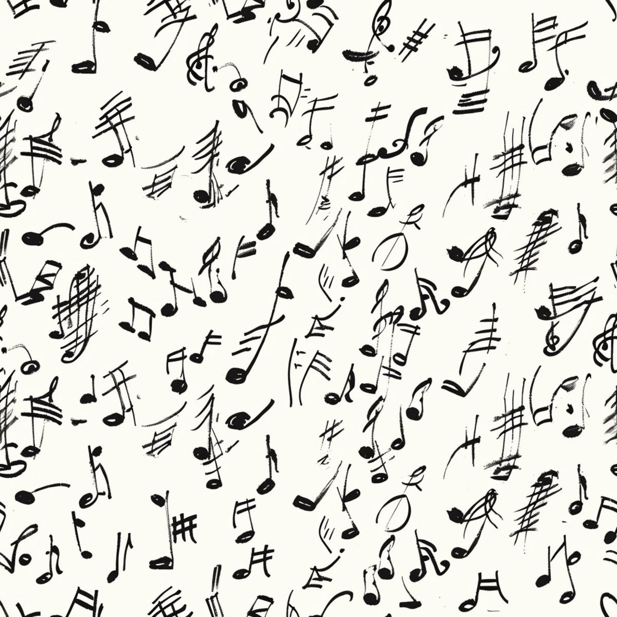 black and white, musical notes, handwritten style, treble clef, sheet music, scattered pattern, monochrome,, fabric panel, music theme, artistic script, flowing design, creative pattern, craft fabric, sewing material, musical symbols, organic layout, sketchy style, contemporary design