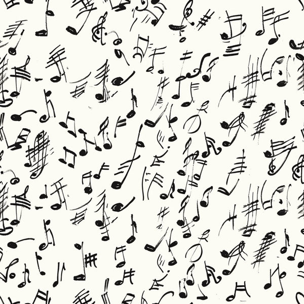 black and white, musical notes, handwritten style, treble clef, sheet music, scattered pattern, monochrome,, fabric panel, music theme, artistic script, flowing design, creative pattern, craft fabric, sewing material, musical symbols, organic layout, sketchy style, contemporary design