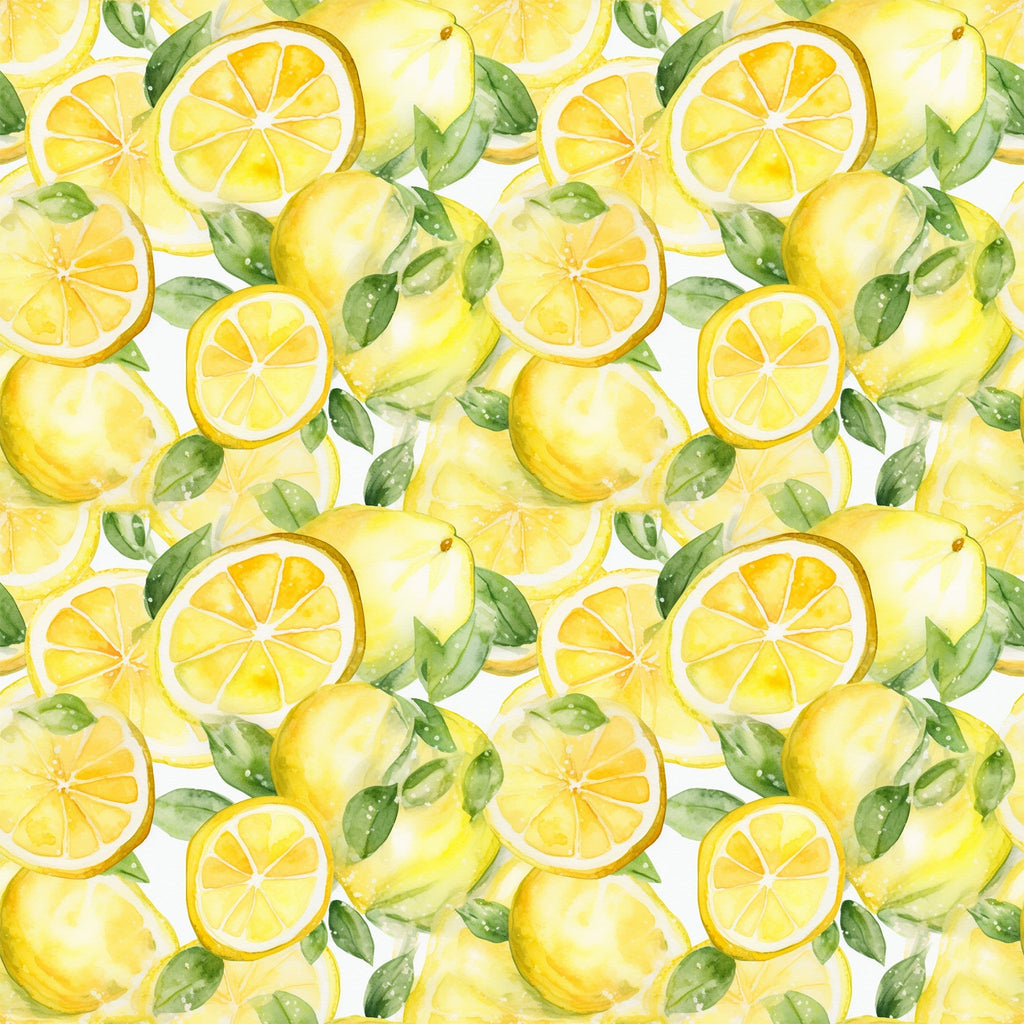 yellow, bright yellow, green leaves, lemon slices, whole lemons, citrus fruit, watercolor style, seamless pattern, repeating design, fresh, summer vibes,, fabric panel, botanical elements, juicy, vibrant colors, hand-painted look, kitchen theme, fruit pattern, cheerful