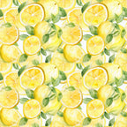 yellow, bright yellow, green leaves, lemon slices, whole lemons, citrus fruit, watercolor style, seamless pattern, repeating design, fresh, summer vibes,, fabric panel, botanical elements, juicy, vibrant colors, hand-painted look, kitchen theme, fruit pattern, cheerful