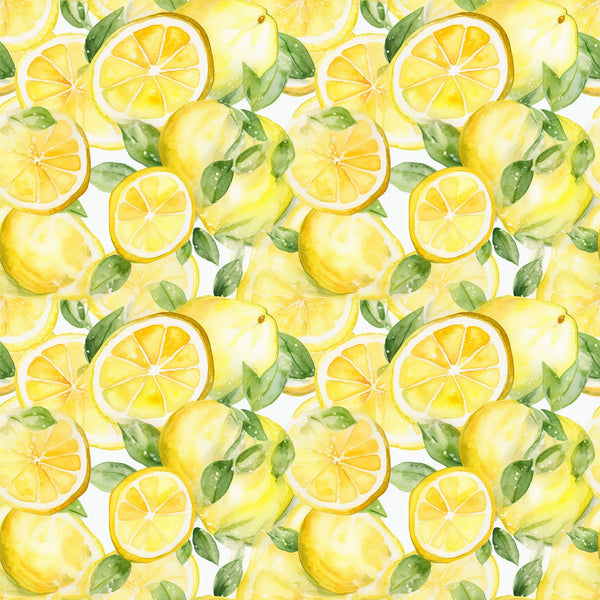 yellow, bright yellow, green leaves, lemon slices, whole lemons, citrus fruit, watercolor style, seamless pattern, repeating design, fresh, summer vibes,, fabric panel, botanical elements, juicy, vibrant colors, hand-painted look, kitchen theme, fruit pattern, cheerful