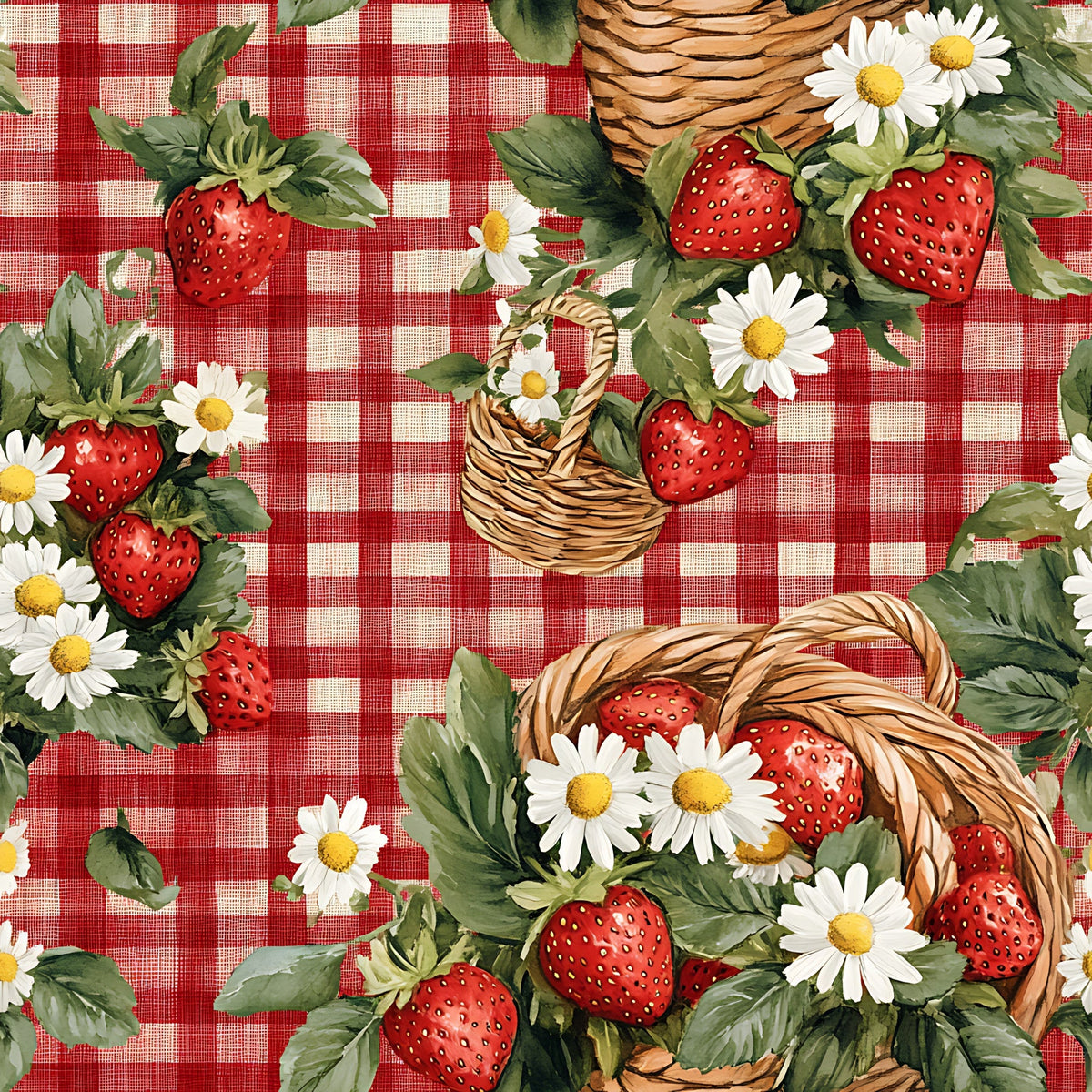 red gingham, white checks, strawberries, wicker baskets, white daisies, green leaves, picnic theme, summer fruits,, fabric panel, cottage core, country style, botanical motifs, red and white, checkered background, rustic baskets, floral elements, berry picking, pastoral scene