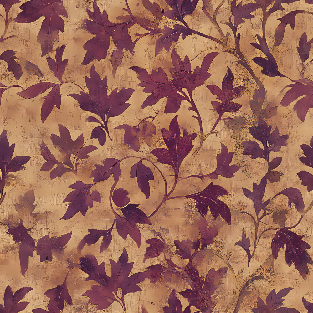 burgundy, wine red, deep red, rust, golden tan, beige, cream, vintage, distressed, floral, botanical, leaves, vines, branches, autumn, fall, elegant, traditional, rustic, nature-inspired, aged, antique, damask-inspired, scrolling vines, jacobean, timeless, warm tones, earth tones, classic, romantic
