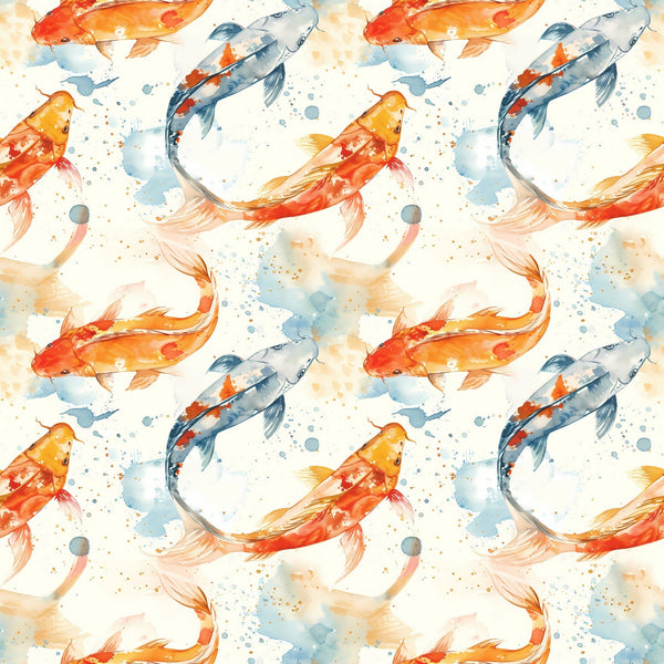 watercolor fish, koi carp, orange fish, blue fish, red fish, swimming pattern, aquatic design, watercolor splashes, flowing movement, seamless repeat,, fabric panel, artistic style, pond fish, water droplets, soft pastels, nature motif, fish swimming, delicate brushstrokes, asian inspired