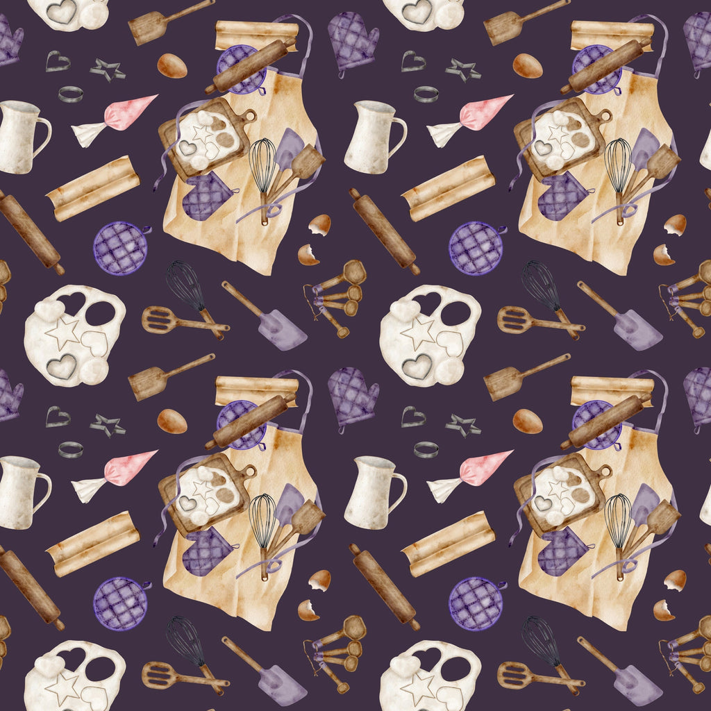 watercolor, baking pattern, kitchen utensils, rolling pins, mixing bowls, measuring spoons, oven mitts, whisk, spatula, cookie cutters, eggs, purple background, cream colored, brown tones, pink accents, apron design, culinary theme,, fabric panel, cooking motifs, baking tools, repeating pattern, soft watercolor style