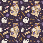watercolor, baking pattern, kitchen utensils, rolling pins, mixing bowls, measuring spoons, oven mitts, whisk, spatula, cookie cutters, eggs, purple background, cream colored, brown tones, pink accents, apron design, culinary theme,, fabric panel, cooking motifs, baking tools, repeating pattern, soft watercolor style