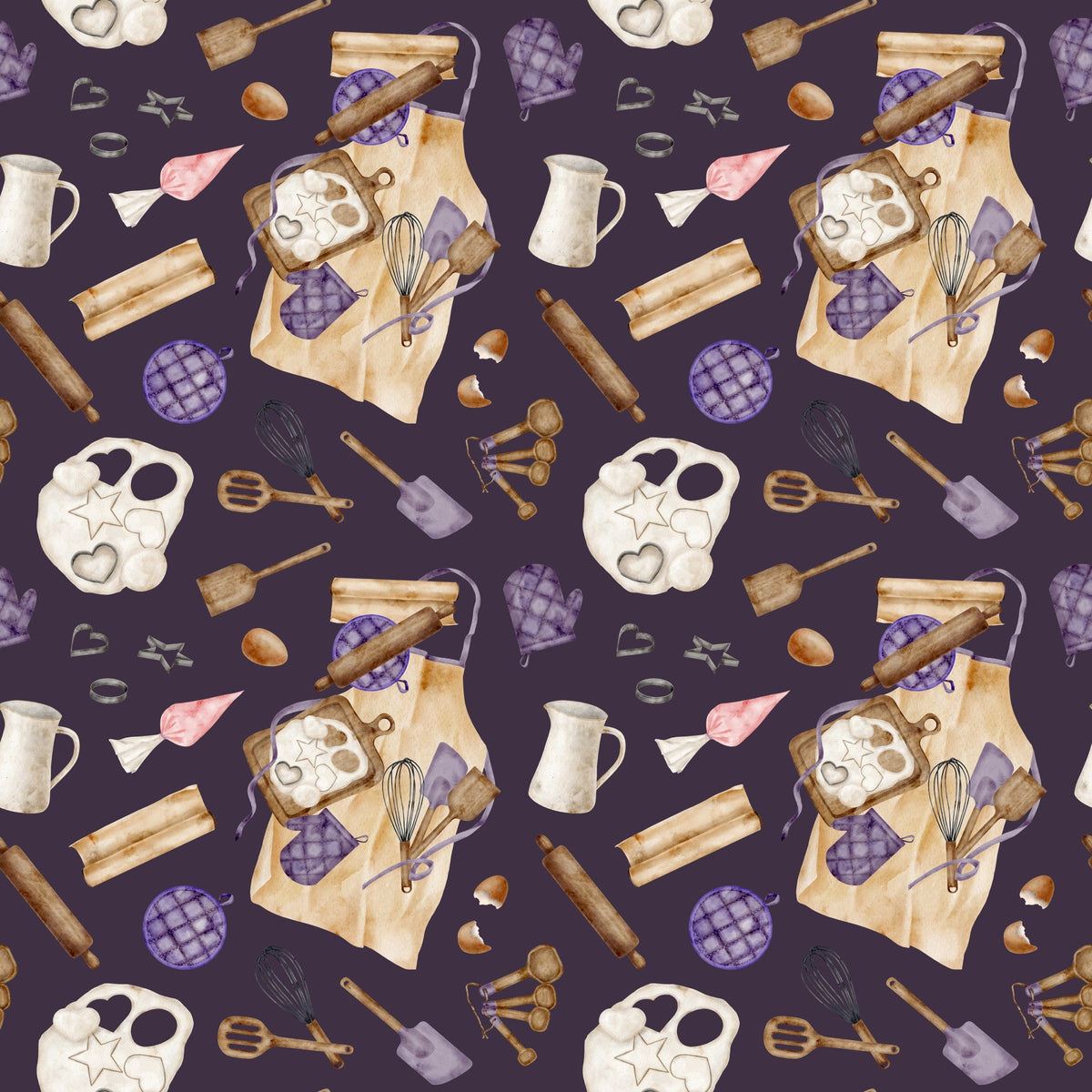 watercolor, baking pattern, kitchen utensils, rolling pins, mixing bowls, measuring spoons, oven mitts, whisk, spatula, cookie cutters, eggs, purple background, cream colored, brown tones, pink accents, apron design, culinary theme,, fabric panel, cooking motifs, baking tools, repeating pattern, soft watercolor style