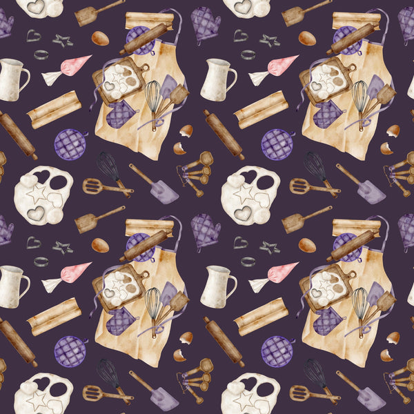 watercolor, baking pattern, kitchen utensils, rolling pins, mixing bowls, measuring spoons, oven mitts, whisk, spatula, cookie cutters, eggs, purple background, cream colored, brown tones, pink accents, apron design, culinary theme,, fabric panel, cooking motifs, baking tools, repeating pattern, soft watercolor style