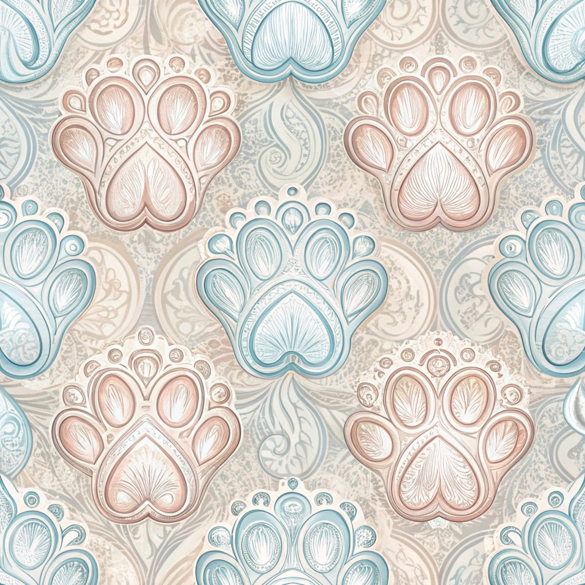dog paws, paw prints, beige, dusty rose, sage green, soft blue, paisley pattern, ornate design, decorative motifs,, fabric panel, pet themed, intricate details, vintage style, elegant pattern, repeating design, animal prints, textured appearance, craft fabric, sewing material