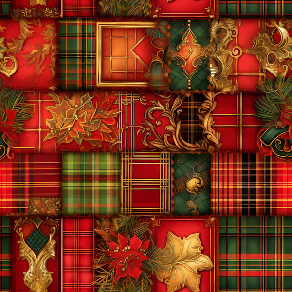 red, green, gold, christmas,, fabric panel, tartan plaid, poinsettia, holly leaves, ornate scrollwork, baroque flourishes, holiday motifs, festive colors, decorative squares, botanical elements, geometric patterns, rich textures, seasonal fabric, patchwork design, metallic accents