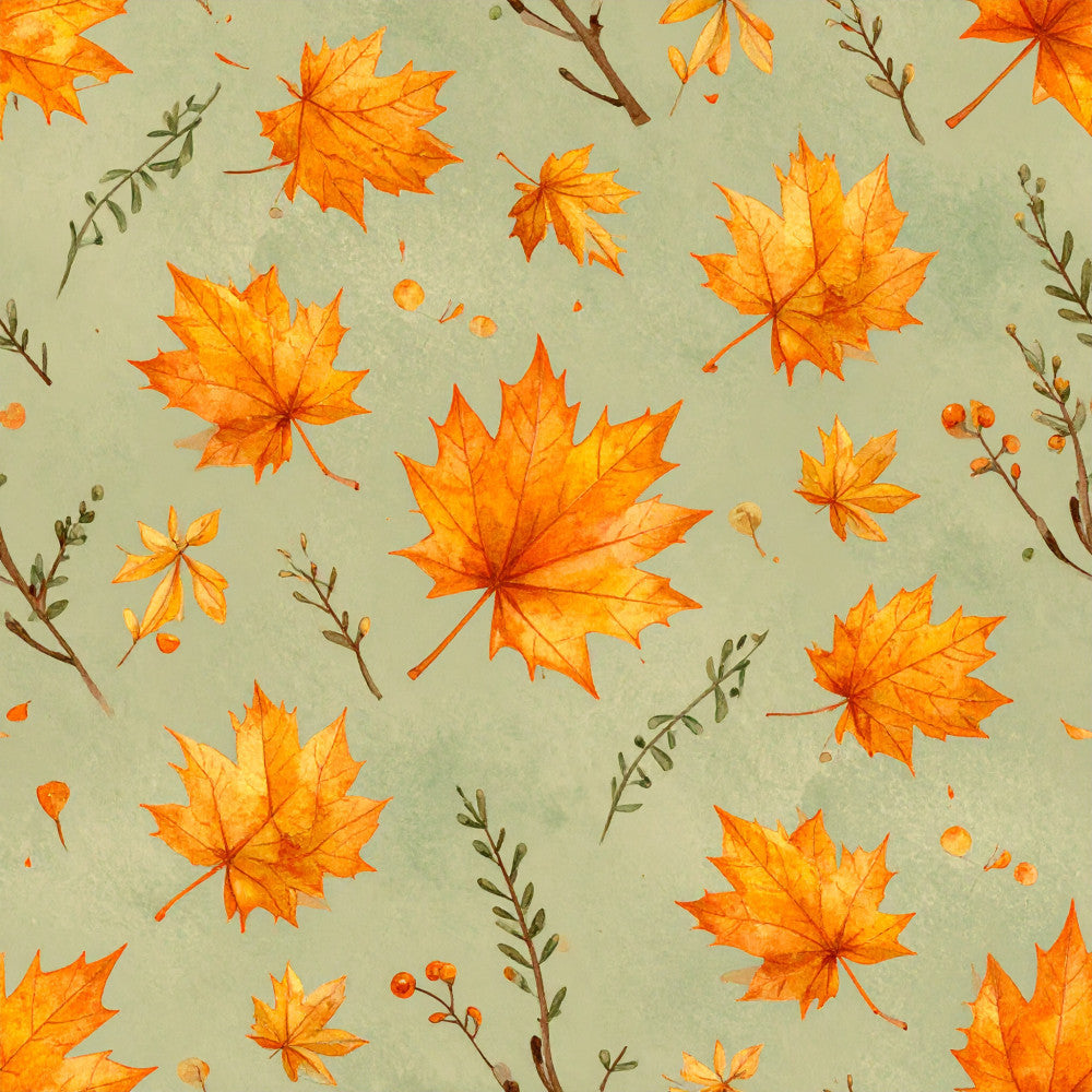 autumn leaves, fall foliage, maple leaves, orange leaves, golden yellow, sage green, cream background, nature themed, seasonal, autumn, fall, botanical, watercolor style, whimsical, rustic, natural, leafy, branch motifs, berry accents, organic, cozy, harvest, woodland, traditional, kids room, playroom, nursery, nature lover, forest theme