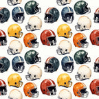 watercolor, football helmets, sports pattern, orange, yellow, green, navy blue, red, cream, repeating design, athletic theme,, fabric panel, sports motif, helmet collection, colorful arrangement, scattered layout, watercolor style, football gear, sports equipment