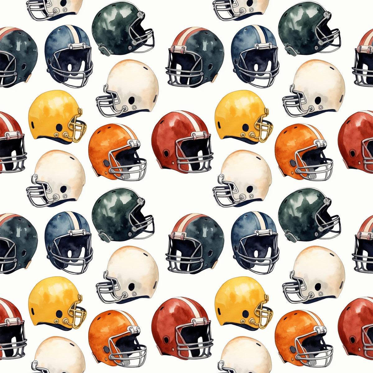 watercolor, football helmets, sports pattern, orange, yellow, green, navy blue, red, cream, repeating design, athletic theme,, fabric panel, sports motif, helmet collection, colorful arrangement, scattered layout, watercolor style, football gear, sports equipment
