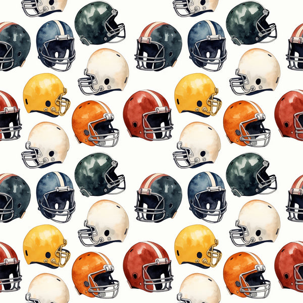 watercolor, football helmets, sports pattern, orange, yellow, green, navy blue, red, cream, repeating design, athletic theme,, fabric panel, sports motif, helmet collection, colorful arrangement, scattered layout, watercolor style, football gear, sports equipment