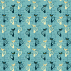 atomic cats, mid-century modern, stylized cats, turquoise blue, cream cats, black cats, yellow eyes, spiral tails, retro pattern, geometric design,, fabric panel, modern art style, sleek silhouettes, alternating colors, minimalist cats, atomic age, contemporary quilting, crafting fabric, repeated motif