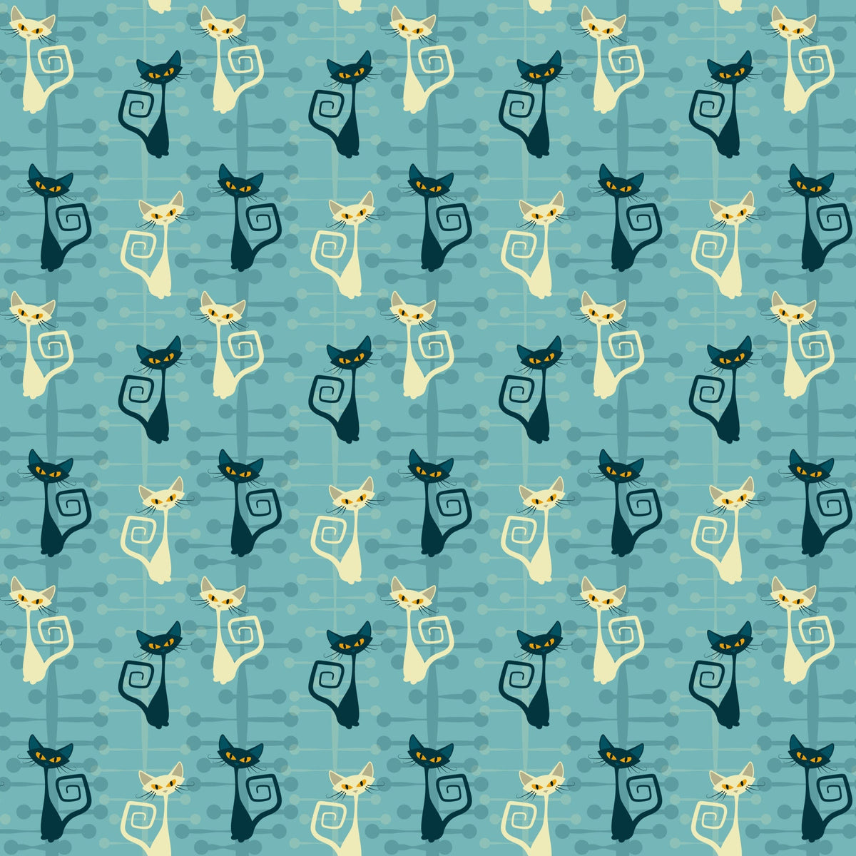 atomic cats, mid-century modern, stylized cats, turquoise blue, cream cats, black cats, yellow eyes, spiral tails, retro pattern, geometric design,, fabric panel, modern art style, sleek silhouettes, alternating colors, minimalist cats, atomic age, contemporary quilting, crafting fabric, repeated motif