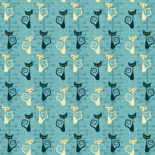 atomic cats, mid-century modern, stylized cats, turquoise blue, cream cats, black cats, yellow eyes, spiral tails, retro pattern, geometric design,, fabric panel, modern art style, sleek silhouettes, alternating colors, minimalist cats, atomic age, contemporary quilting, crafting fabric, repeated motif