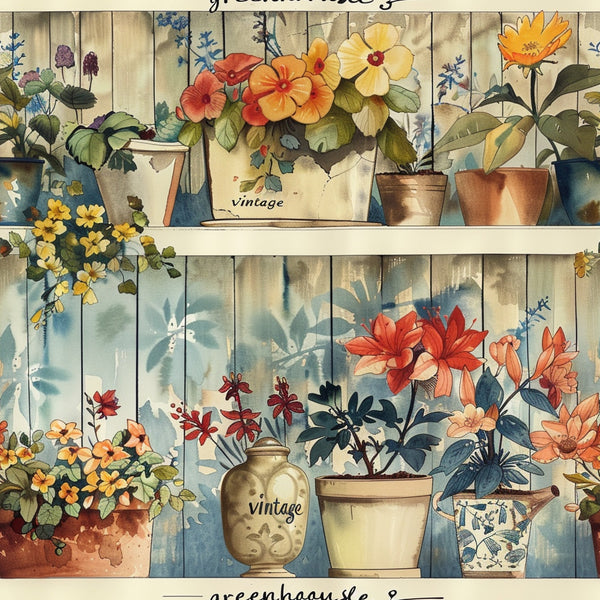 vintage floral, potted plants, botanical illustration, watercolor style, orange flowers, yellow blooms, red petals, cream background, wooden planks, terracotta pots, ceramic vases, greenhouse shelves, cottage garden, rustic charm,, fabric panel, soft pastels, country living, plant motifs, gardening theme