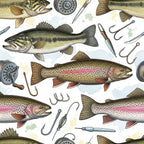 fishing, trout, salmon, fish, fly fishing, fishing hooks, fishing lures, fishing reel, fishing tackle, sportsman, outdoor recreation, nature, wildlife, tan, beige, cream, brown, olive green, coral red, rustic, vintage, traditional, masculine, adventurous, sportsman style, men's interest, cabin decor, lodge style, summer, spring