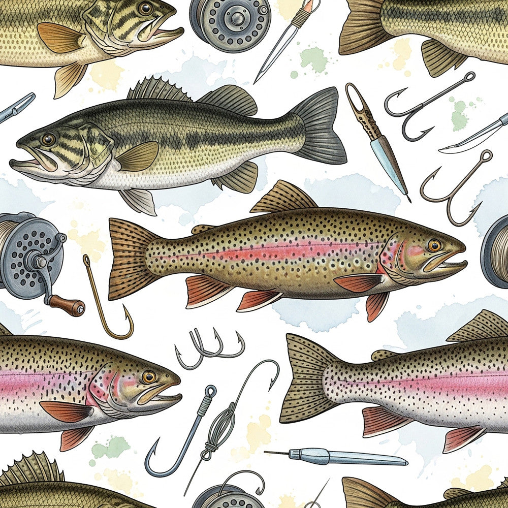 fishing, trout, salmon, fish, fly fishing, fishing hooks, fishing lures, fishing reel, fishing tackle, sportsman, outdoor recreation, nature, wildlife, tan, beige, cream, brown, olive green, coral red, rustic, vintage, traditional, masculine, adventurous, sportsman style, men's interest, cabin decor, lodge style, summer, spring