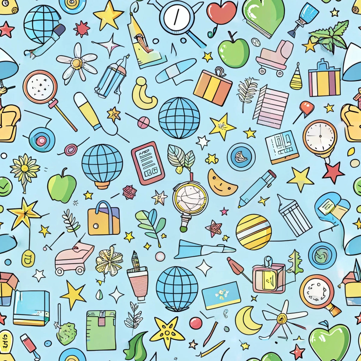 light blue background, school supplies, educational icons, apples, globes, stars, clocks, magnifying glass, pencils, books, notebooks, leaves, geometric shapes, whimsical illustration, cartoon style, colorful scattered objects, back to school theme,, fabric panel, cheerful pattern, multicolored design, doodle style
