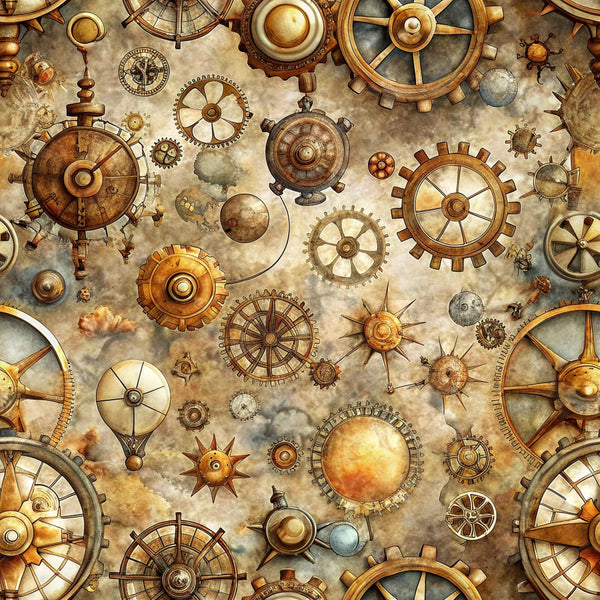 steampunk, gears, clockwork, mechanical, bronze, copper, gold, brass, antique, vintage, industrial, cogs, wheels, compass, navigational instruments, aged parchment, sepia tones, brown, tan,, fabric panel, intricate machinery, rust colors, weathered texture
