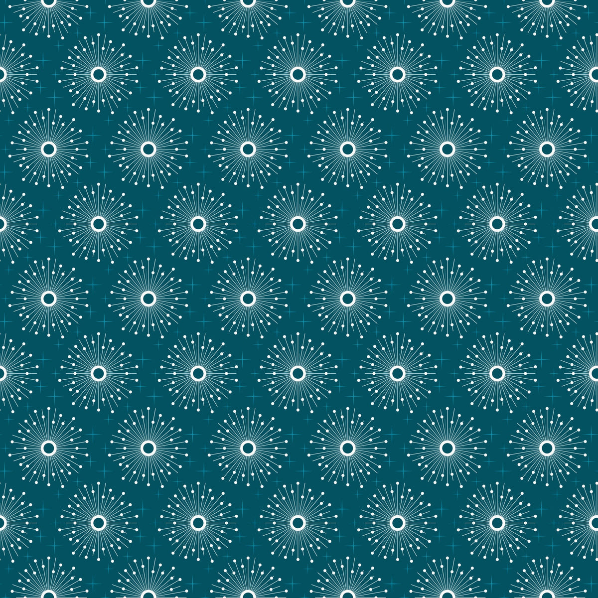teal, turquoise, white, atomic starburst, mid-century modern, geometric pattern, radiating lines, circular motifs, retro style, sunburst design,, fabric panel, repeating pattern, dots, lines, vintage inspired, 1950s aesthetic, craft fabric