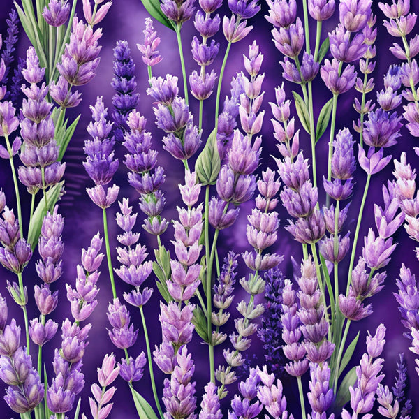 purple, lavender, violet, deep purple, green stems, realistic flowers, lavender blossoms, floral pattern, botanical design, nature motif,, fabric panel, spring flowers, herb garden, purple gradient, detailed florals, meadow scene, aromatic plants, cottage garden, vibrant purple