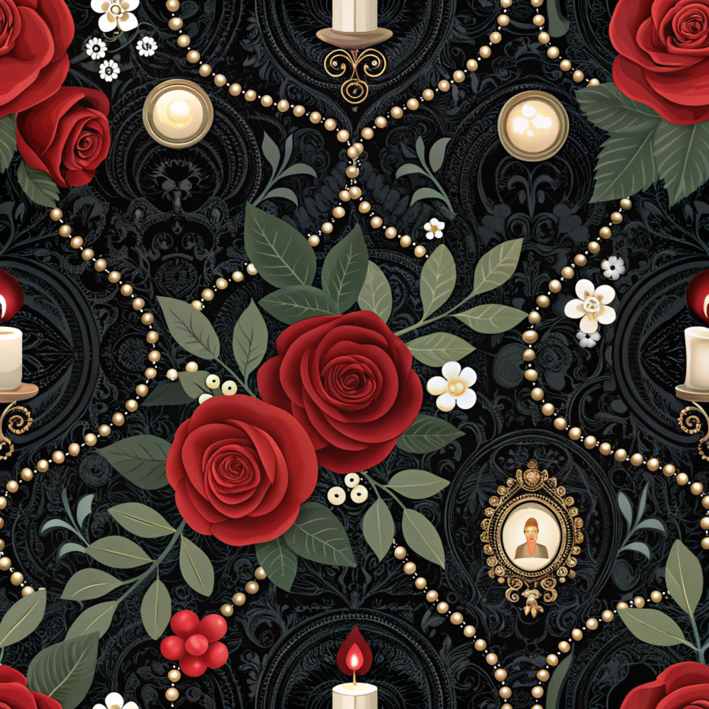 deep red roses, crimson red, black damask, gold accents, pearl beads, white flowers, sage green leaves, vintage, elegant, luxurious, gothic, romantic, floral, ornate, candles, pearls, sophisticated, traditional, classic, red and black, nature, botanical, decorative, formal, timeless, rose motifs, wedding theme, special occasion