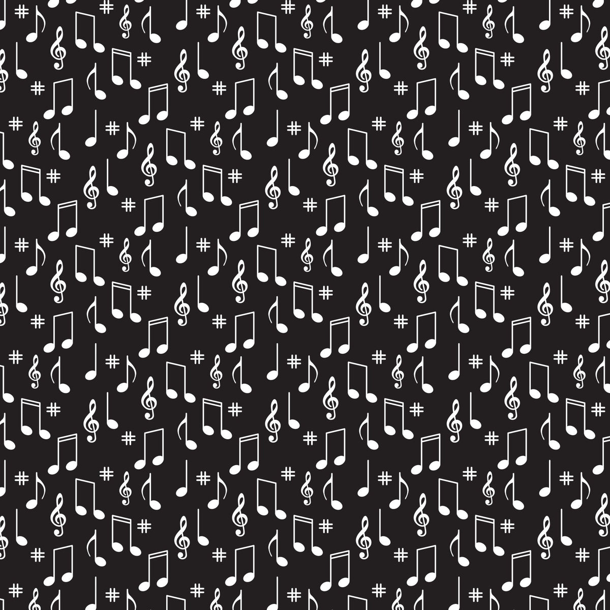 black background, white musical notes, treble clef, sharp symbols, music notation, scattered pattern, monochrome design,, fabric panel, retro style, 1950s aesthetic, diner theme, vintage pattern, musical motifs, geometric arrangement, high contrast, cotton fabric, crafting material, sewing supplies