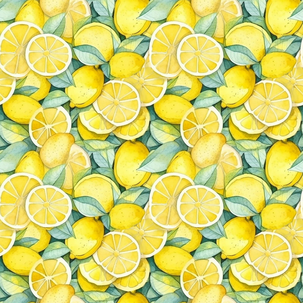 yellow, bright yellow, golden yellow, green leaves, lemon slices, whole lemons, citrus fruit, watercolor style, botanical pattern, repeating pattern, fresh fruit, summer theme,, fabric panel, juice, zesty, organic shapes, natural elements, kitchen theme, cheerful mood