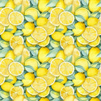 yellow, bright yellow, golden yellow, green leaves, lemon slices, whole lemons, citrus fruit, watercolor style, botanical pattern, repeating pattern, fresh fruit, summer theme,, fabric panel, juice, zesty, organic shapes, natural elements, kitchen theme, cheerful mood