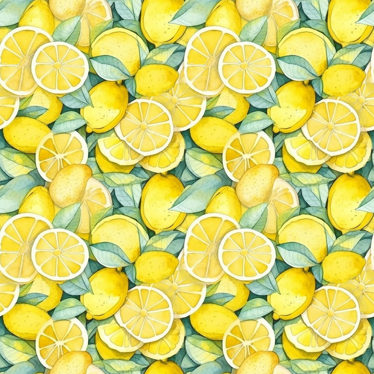 yellow, bright yellow, golden yellow, green leaves, lemon slices, whole lemons, citrus fruit, watercolor style, botanical pattern, repeating pattern, fresh fruit, summer theme,, fabric panel, juice, zesty, organic shapes, natural elements, kitchen theme, cheerful mood