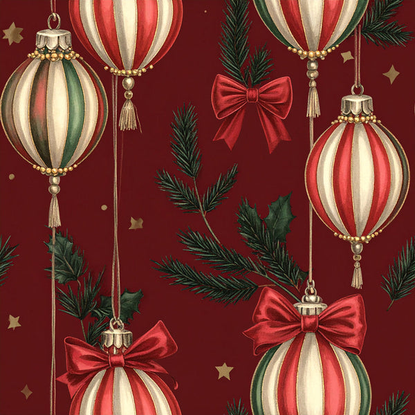 burgundy, cream, gold, forest green, red, white, striped, ornaments, bows, holly, evergreen, christmas, holiday, vintage, elegant, traditional, festive, decorative, stars, tassels, pearls, beaded, ribbon, winter, seasonal, classic christmas, ornamental, formal, sophisticated, retro holiday