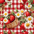 red, white, strawberries, daisies, gingham, checkered pattern, wicker basket, picnic theme,, fabric panel, summer motif, floral design, fruit pattern, cottage core, vintage style, botanical elements, cheerful mood, coordinating print