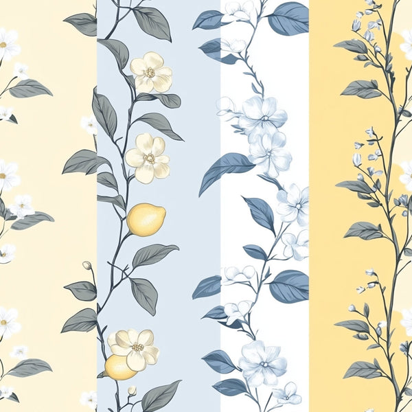 pale yellow, soft blue, cream white, sage green, floral pattern, botanical design, lemon motif, delicate flowers, shabby chic, vintage style, pastel colors, striped layout,, fabric panel, romantic mood, cottage core, spring theme, nature inspired, coordinating prints, gentle aesthetic
