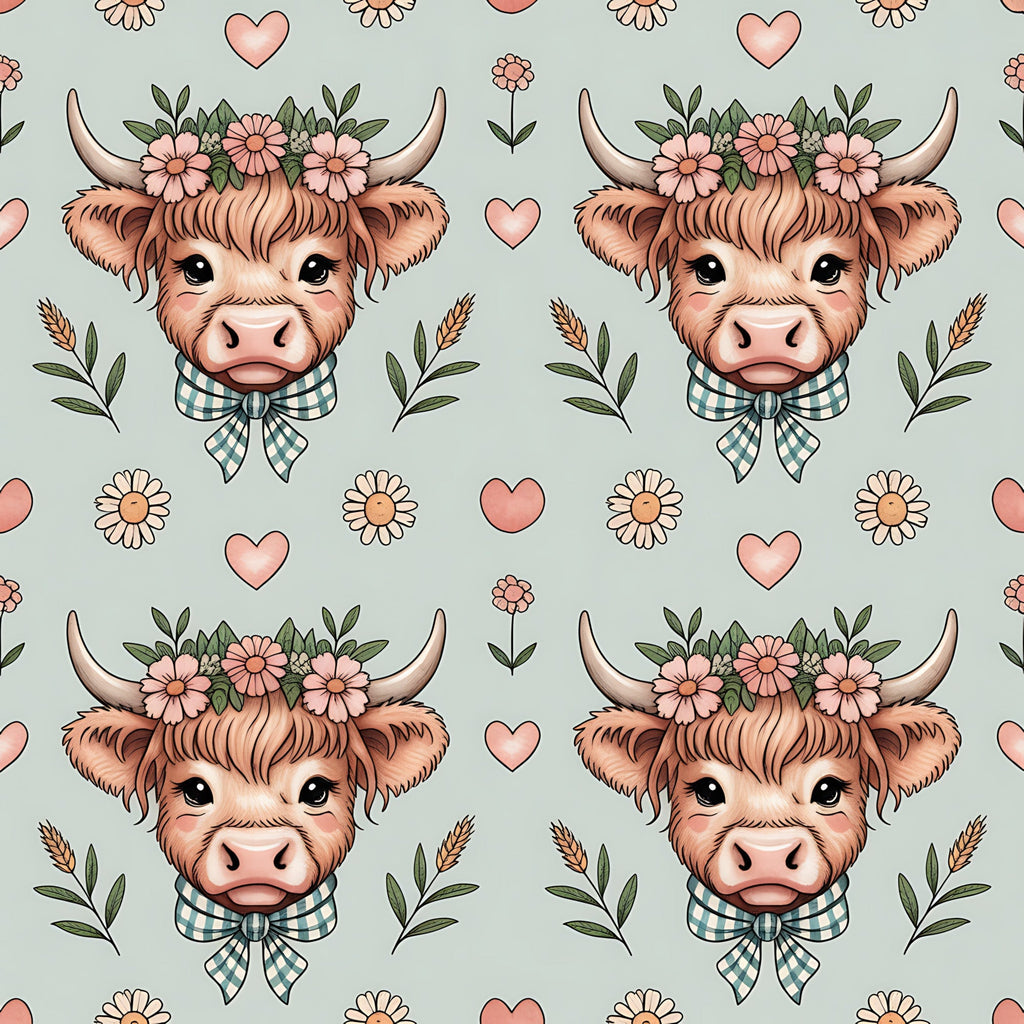 highland cow, bovine heads, floral crown, pink hearts, daisy flowers, gingham bow, sage green, coral pink, cream background, farmhouse style, cute animals, whimsical pattern,, fabric panel, pastoral theme, country charm, soft pastels, repeating motif, botanical elements, kawaii style