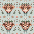 highland cow, bovine heads, floral crown, pink hearts, daisy flowers, gingham bow, sage green, coral pink, cream background, farmhouse style, cute animals, whimsical pattern,, fabric panel, pastoral theme, country charm, soft pastels, repeating motif, botanical elements, kawaii style