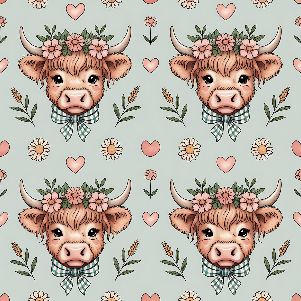 highland cow, bovine heads, floral crown, pink hearts, daisy flowers, gingham bow, sage green, coral pink, cream background, farmhouse style, cute animals, whimsical pattern,, fabric panel, pastoral theme, country charm, soft pastels, repeating motif, botanical elements, kawaii style