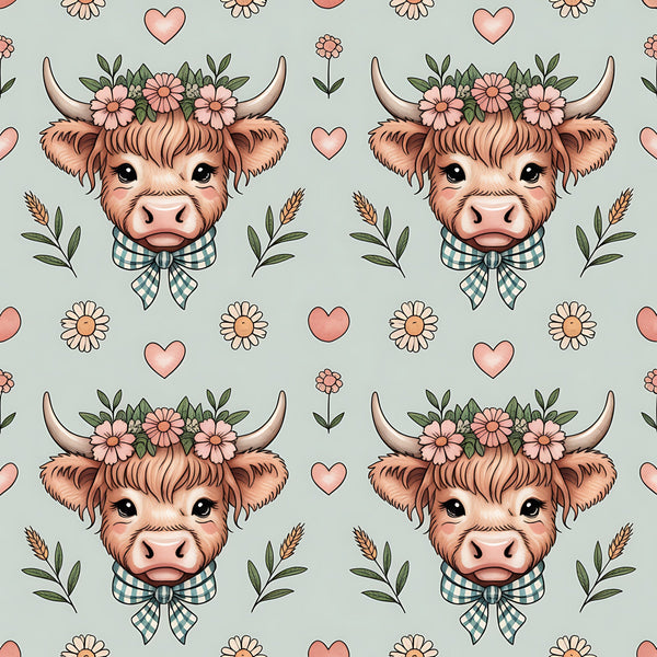 highland cow, bovine heads, floral crown, pink hearts, daisy flowers, gingham bow, sage green, coral pink, cream background, farmhouse style, cute animals, whimsical pattern,, fabric panel, pastoral theme, country charm, soft pastels, repeating motif, botanical elements, kawaii style
