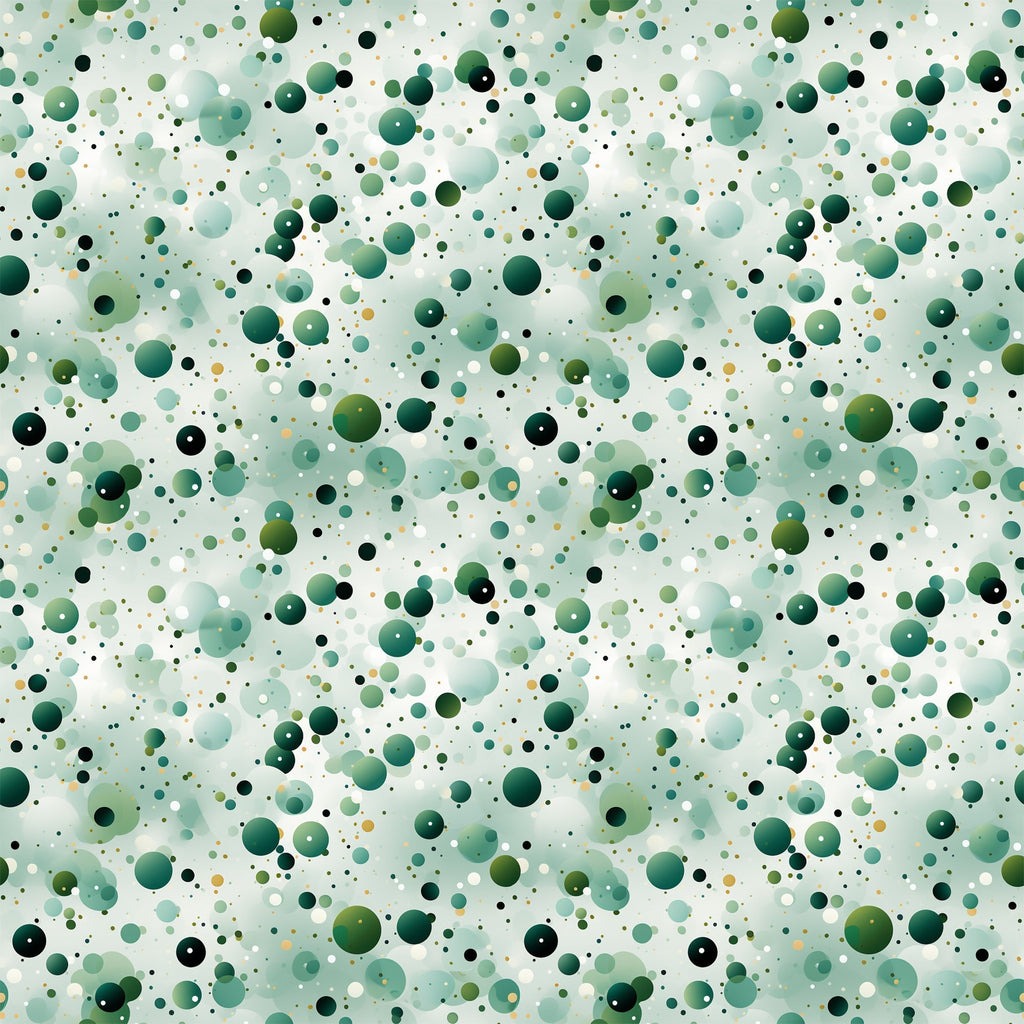 green confetti, scattered dots, polka dot pattern, forest green, sage green, mint green, teal, black accents, white dots, yellow dots, circular shapes, bubble pattern, abstract design, geometric pattern,, fabric panel, modern style, playful pattern, random distribution, multi-sized circles
