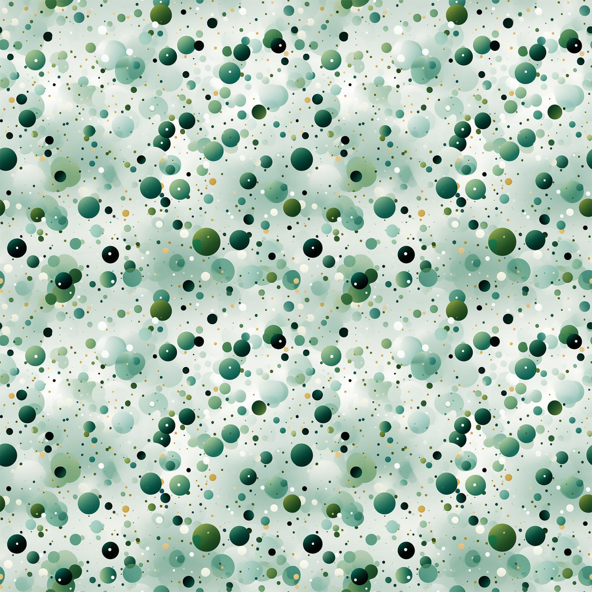 green confetti, scattered dots, polka dot pattern, forest green, sage green, mint green, teal, black accents, white dots, yellow dots, circular shapes, bubble pattern, abstract design, geometric pattern,, fabric panel, modern style, playful pattern, random distribution, multi-sized circles