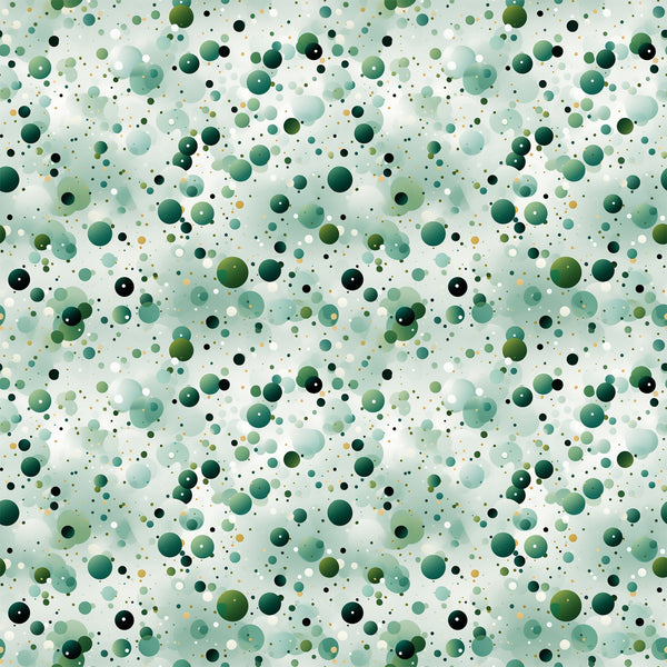 green confetti, scattered dots, polka dot pattern, forest green, sage green, mint green, teal, black accents, white dots, yellow dots, circular shapes, bubble pattern, abstract design, geometric pattern,, fabric panel, modern style, playful pattern, random distribution, multi-sized circles