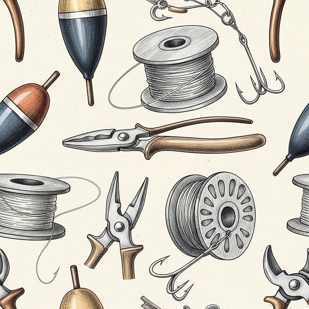 fishing, vintage, nautical, fishing hooks, fishing reels, fishing tackle, fishing lures, bobbins, pliers, fishing tools, line spools, vintage fishing, rustic, cream, tan, brown, navy blue, gray, beige, antique, retro, sportsman, outdoor, hobby, traditional, detailed illustration, line art, sketch style, fishing themed, angler