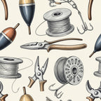 fishing, vintage, nautical, fishing hooks, fishing reels, fishing tackle, fishing lures, bobbins, pliers, fishing tools, line spools, vintage fishing, rustic, cream, tan, brown, navy blue, gray, beige, antique, retro, sportsman, outdoor, hobby, traditional, detailed illustration, line art, sketch style, fishing themed, angler