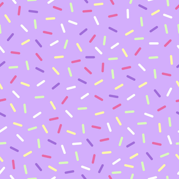 purple background, rainbow sprinkles, colorful jimmies, candy sprinkles, pink sprinkles, yellow sprinkles, green sprinkles, white sprinkles, scattered pattern, random placement, sweet treats, dessert theme, bakery motif,, fabric panel, cheerful mood, playful design, birthday theme, celebration pattern, donut topping