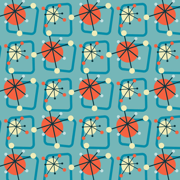 teal, coral orange, cream, atomic age, mid-century modern, starburst, geometric circles, atomic motifs, retro pattern, 1950s style,, fabric panel, modernist design, space age, atomic era, starburst design, geometric shapes, vintage inspired, mid-century aesthetic