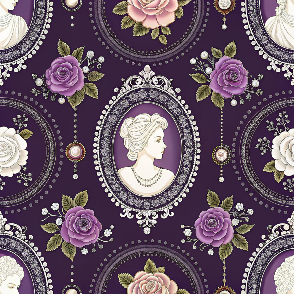 deep purple, lavender, mauve, blush pink, cream, ivory, gold accents, cameo, portrait, roses, floral, victorian, elegant, vintage, ornate, botanical, pearls, jeweled, medallion, damask, filigree, classic, feminine, romantic, timeless, luxury, regal, sophisticated, prestige