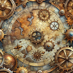 steampunk, vintage maps, brass gears, copper tones, bronze metallic, aged parchment, nautical compass, ship wheels, mechanical elements, fantasy adventure, weathered texture, golden brown, sepia tones, antiqued finish,, fabric panel, explorer theme, clockwork design, maritime motifs, industrial aesthetic