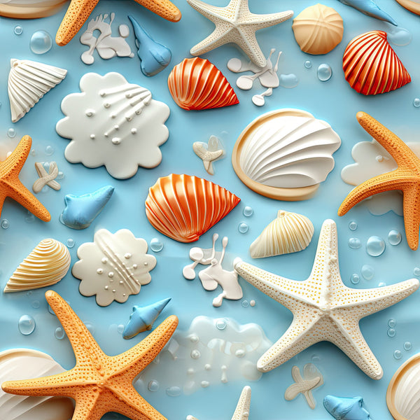 beach themed, seashells, starfish, coral, ocean blue, orange, white, cream, aqua, underwater pattern, marine life, sea creatures, bubbles, nautical design, coastal motif, summer fabric,, fabric panel, realistic illustration, tropical colors